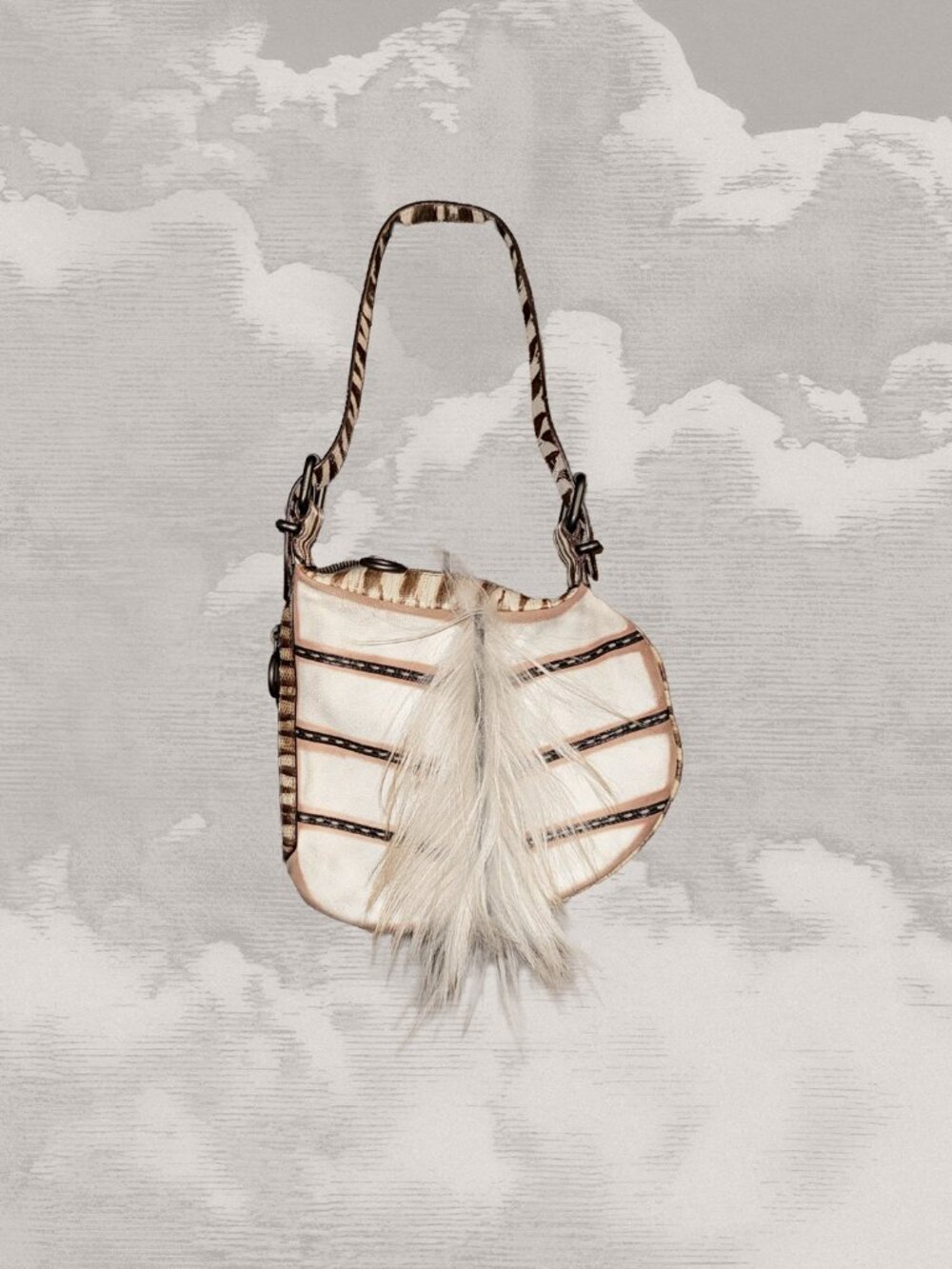 FENDI Oyster Runway Bag Pony hair 2002 Suede Fur Exotic Lizard Cream Brown y2k